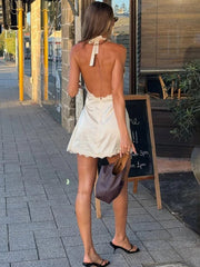 Aiertu  -   Lace Halter Mini Dress For Women V neck Sleeveless Elegant Splice Lace Up Dress Bodycon Female Club Party Backless Dress Aiertu