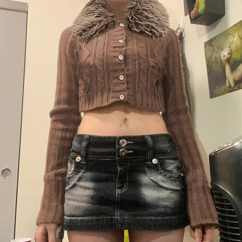 Aiertu  -  Y2K Brown Buttons Crop Sweater with Detachable Fur Collar Autumn Vintage 2000s Knitted Cardigan Slim Winter Outfits Aiertu