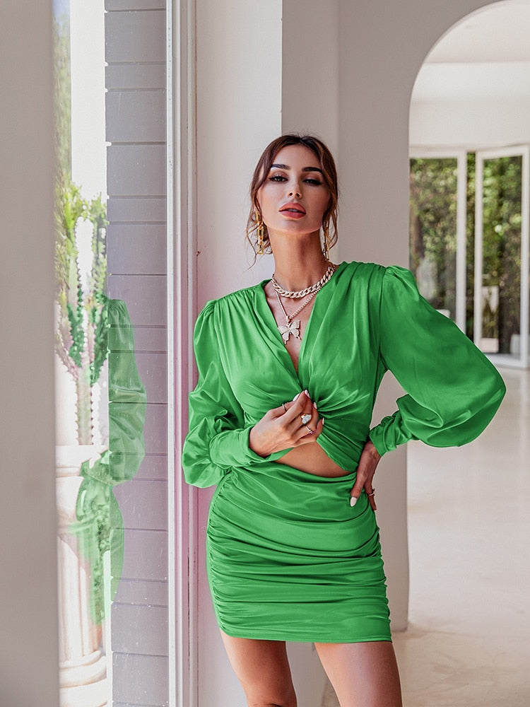 Aiertu  Sexy deep v neck bodycon dress Party club hollow out mini dress Elegant winter autumn chic lantern sleeve satin dress Aiertu