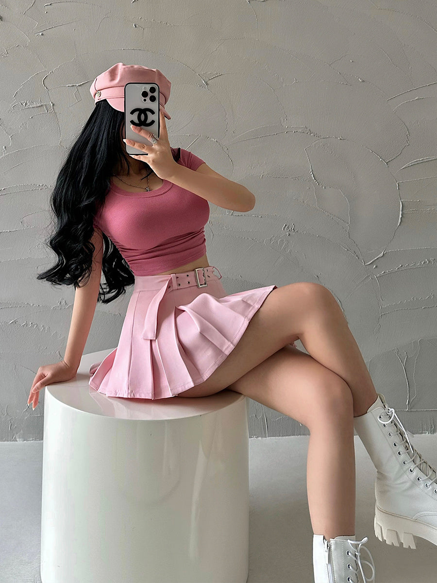Aiertu Solid Color Pleated A-Line Low Waist Mini Skirt Aiertu