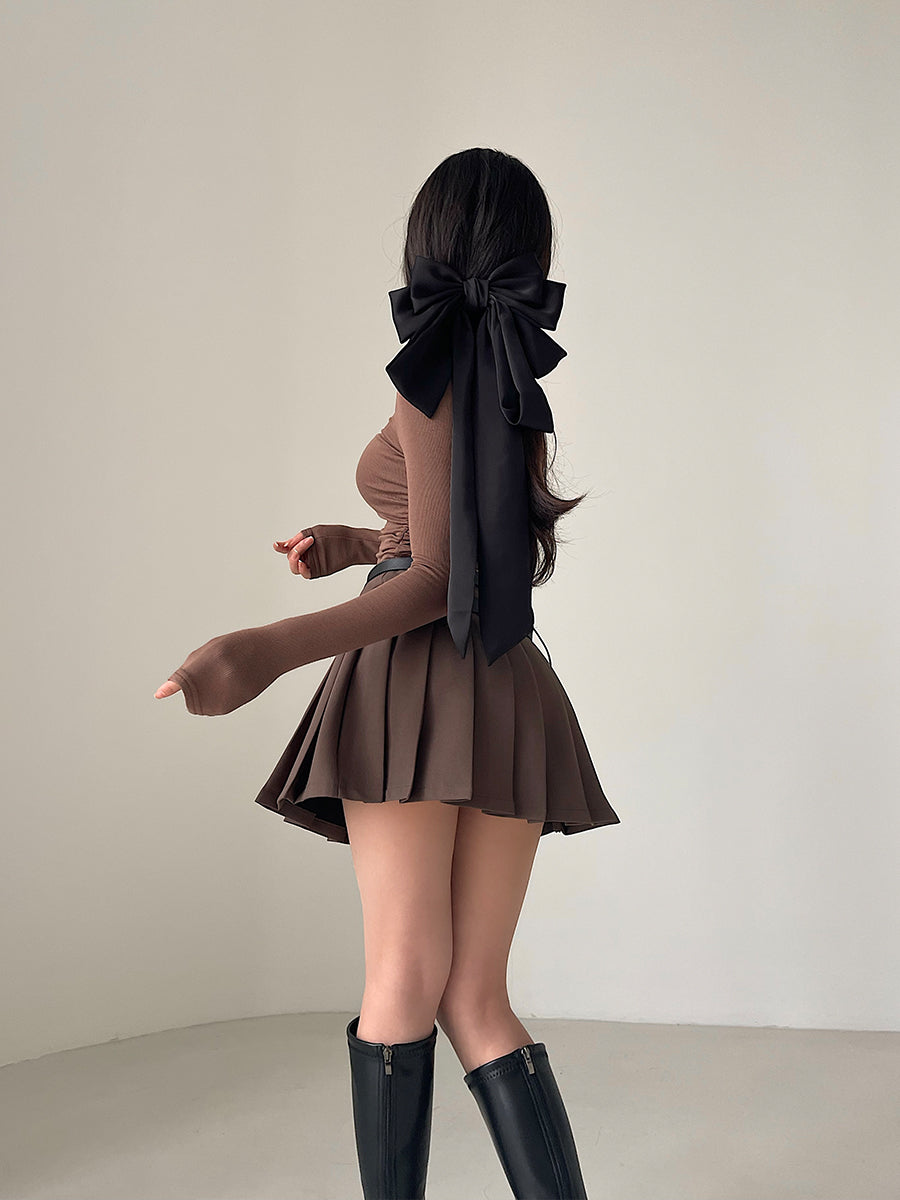 Aiertu Solid Color Double Mini Belt Pleated Mini Skirt Aiertu