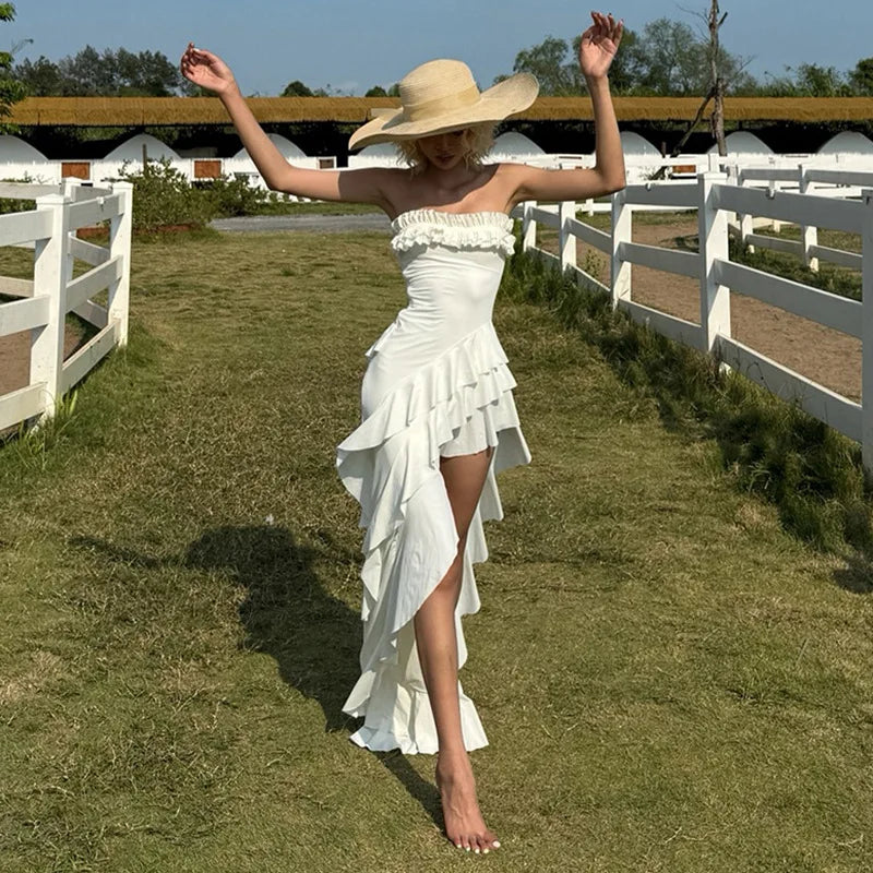 Aiertu  -  Strapless Ruffled Split Long Dresses Elegant Sexy White Asymmetrical Frilly Dresses for Woman Summer Clothes P94-DD49 Aiertu