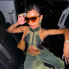 Aiertu  -  Halter Belt Sleeveless Blue Bodysuit Zipper Backless Worn Out Denim Camisole Crop Top Fashion Summer Club Wear Aiertu
