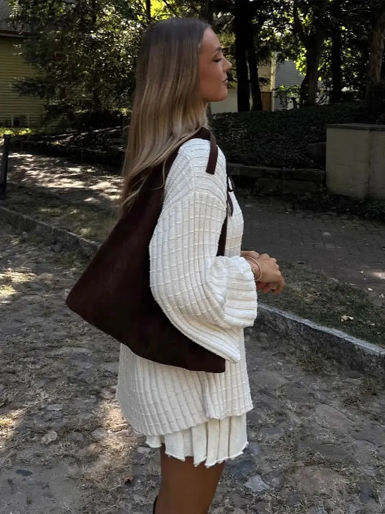 Aiertu  -  Knitted Mini Skirts Set Women 2 Pieces Flare Sleeve Sweater A-line Skirt Pleated Elegant New Lady All-matching Outfit Spring Aiertu