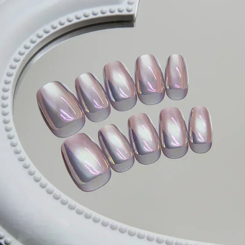 Aiertu 24Pcs Short False Nails Aurora Cat Eye with French Design Simple Metallic Full Cover Wearable Chrome Press on Fake Nails Tips Aiertu