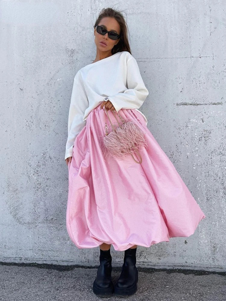 Aiertu  -  Fashion Beige Satin Balloon Skirts for Women High Waist Office Lady Ankle-Length Skirt Chic Loose Skirt Female Clothe Aiertu