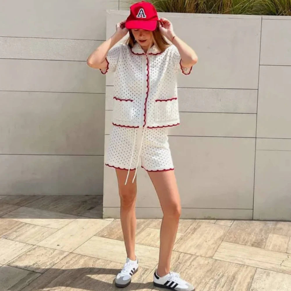 Aiertu  -  Knitted Shorts Set Fashion Casual Clashing Cardigan Top Lace Up Shorts Set Women  Vacation Sports Knitted Shorts Set Aiertu