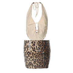 Aiertu  -  Sexy Leopard Sequined Women Skirt Suits Sleeveless Backless Lace Up Halter Top Mini Skirt 2025 Summer New Fashion Female Sets Aiertu