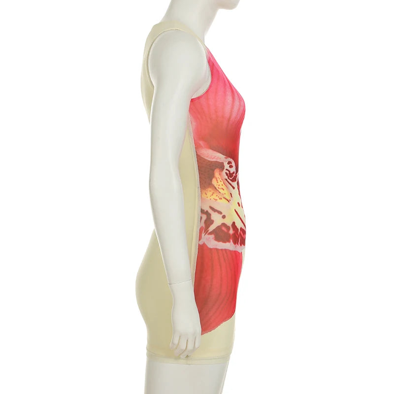 Aiertu  Holiday Floral Bodycon Dress Beach Style Sexy Slim O-Neck Sleeveless Mini Dresses For Women 2025 Summer Fashion Lady Aiertu