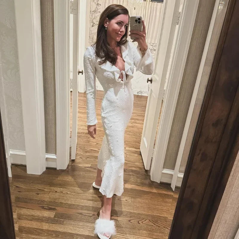 Aiertu  -  Elegant Sequin Drawstring Party Long Dress Women Slim Hollow Out Full Sleeve Hip Package Robes 2026 Fashion Lady Evening Dresses Aiertu