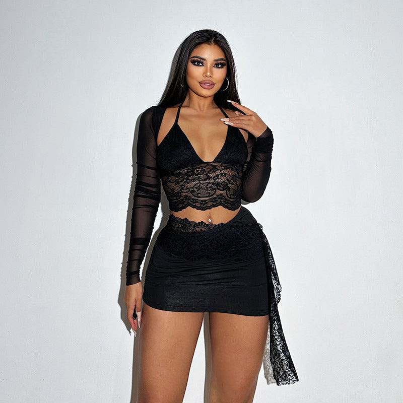 Aiertu Autumn New Fashion Temperament Sexy Deep V Slim Lace Spliced Net Long-Sleeved Dress Woman Aiertu