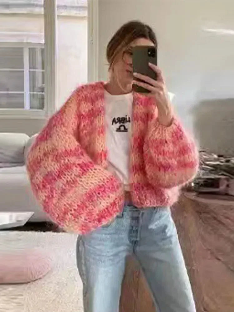 Aiertu  -  Women Rainbow Striped Loose Knitted Cardigans Fashion Long Sleeved Casual Cropped Sweaters Autumn Female Street Outwear 2026 Aiertu