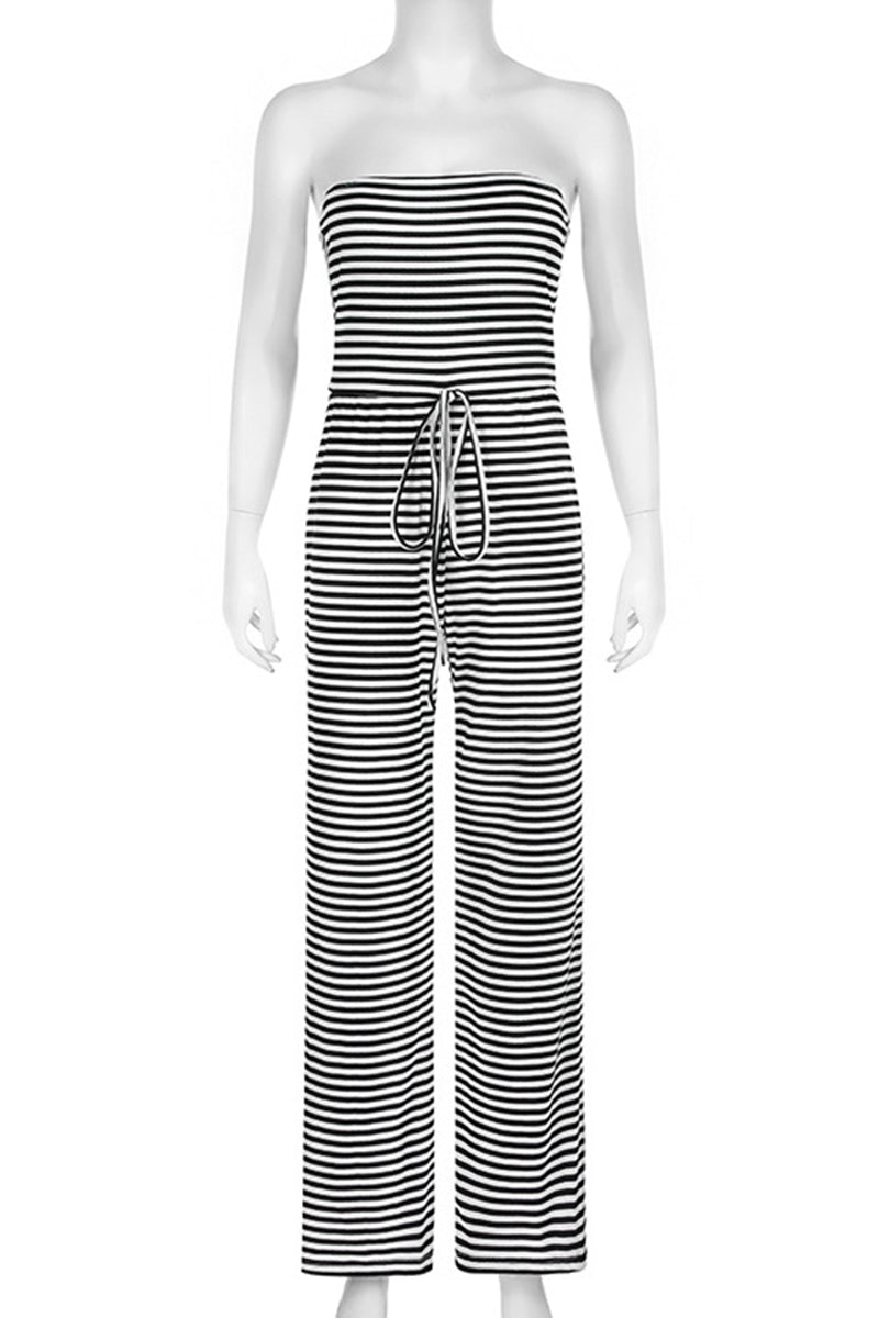 Aiertu  -Casual Stripe Patchwork Backless Strap Design Strapless Loose Jumpsuits aiertu