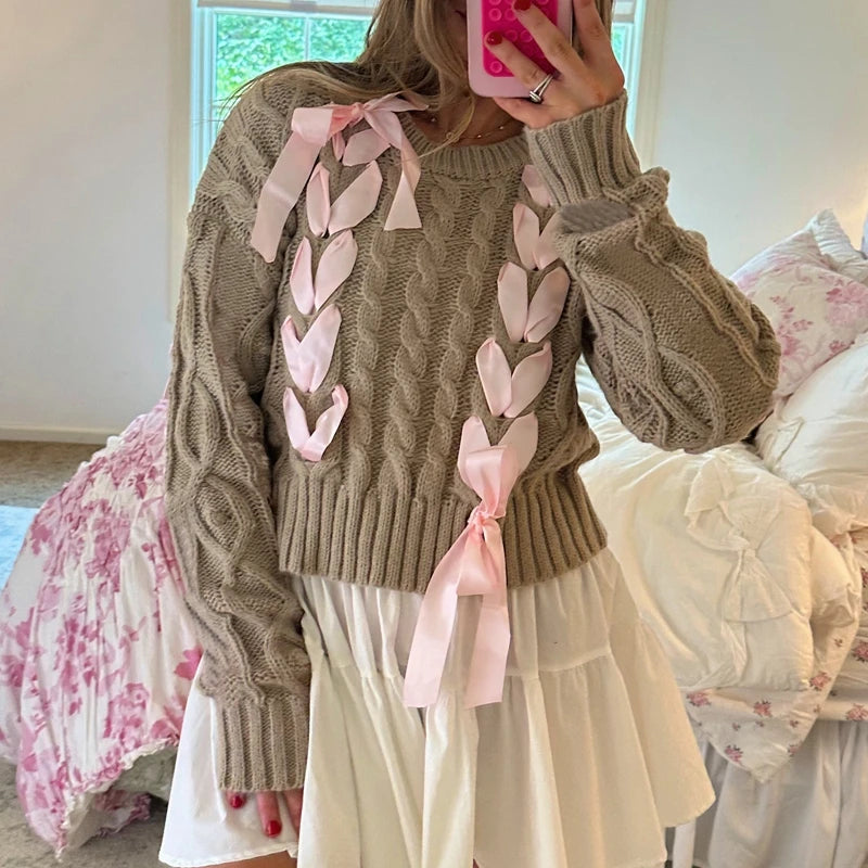 Aiertu  -  Sweet Ribbon Criss-Cross Tie Up Sweater Girly Coquette Cable Knitted Pullovers Women Autumn Vintage Y2k Knitwear Jumpers Tops Aiertu