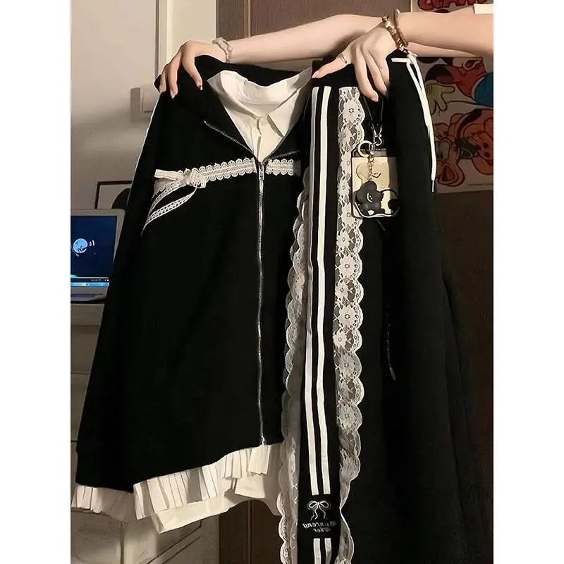 Aiertu  -  Japan Preppy Style Office Lady Patchwork Lace Appliques Coats Harajuku American Vintage Y2k 2000s Sweatshirts Punk Loose Clothes Aiertu