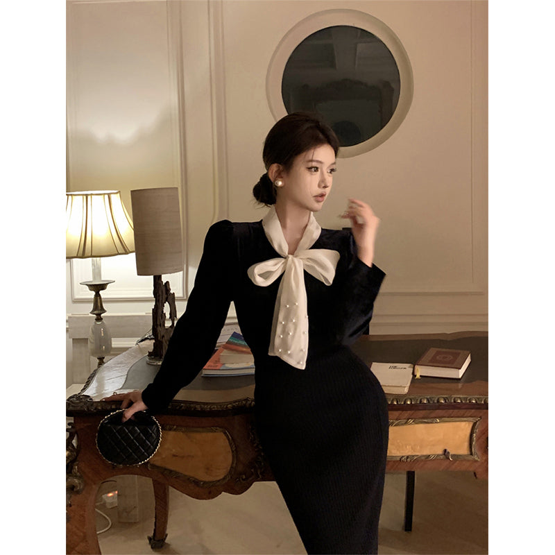 Aiertu Vintage Bow Shirts Women Elegant Black Velvet Blouses Office Lady Korean Party Long Sleeve Chic Basic All Match Tops New Aiertu
