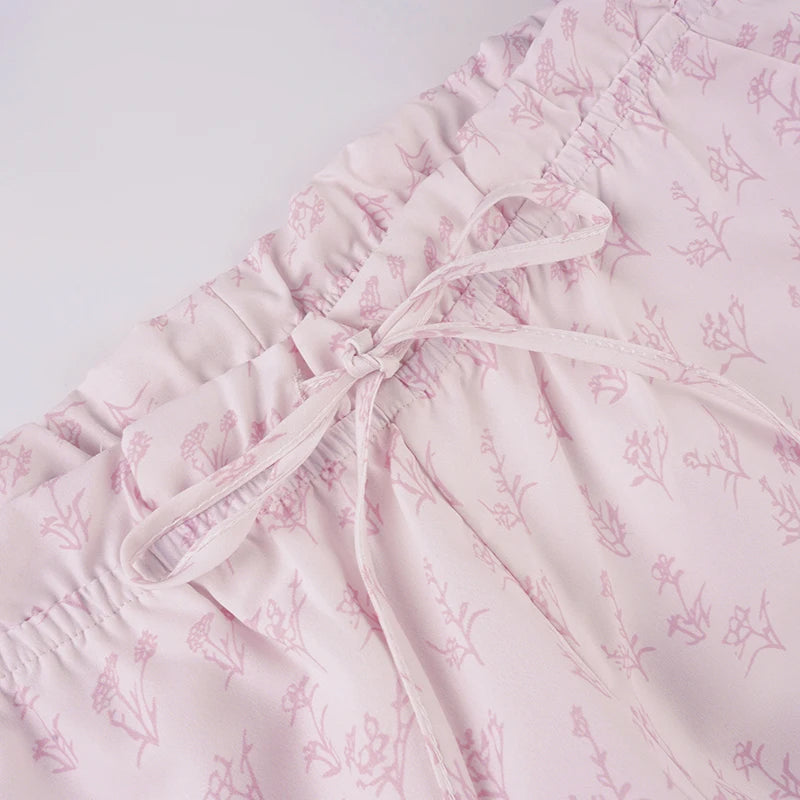 Aiertu  -  Cute Coquette Pink Floral Print Casual Pants y2k Aesthetic Lace-up Low Rise Loose Straight Pants Korean Fashion Trousers Aiertu