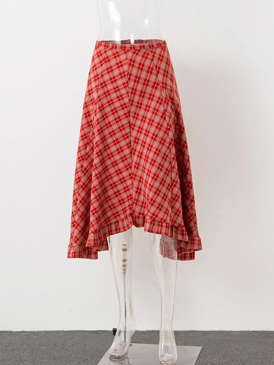Aiertu  -  Irregular Fungus Hem Long Skirt Women New Mid Waist Chiffon A-line Skirts Summer Fashion Vintage Casual Red Plaid Long Skirt Aiertu
