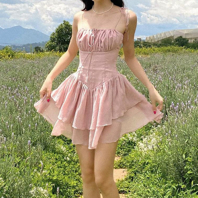 Aiertu - Lace Up Ruffle Corset Mini Dress Aiertu