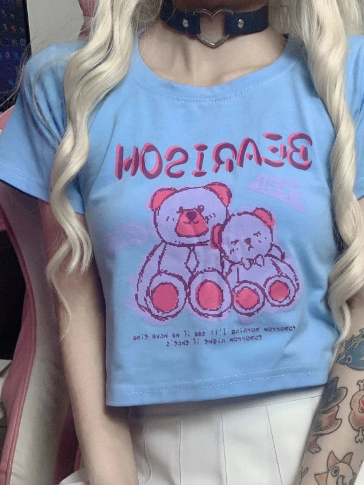 Aiertu  -  Kawaii Short Tshirt for Women Bear Sexy Crop Tops Cartoon Vintage Y2k Graphic T Shirts Japanese High Street Hot Girl Tee Aiertu