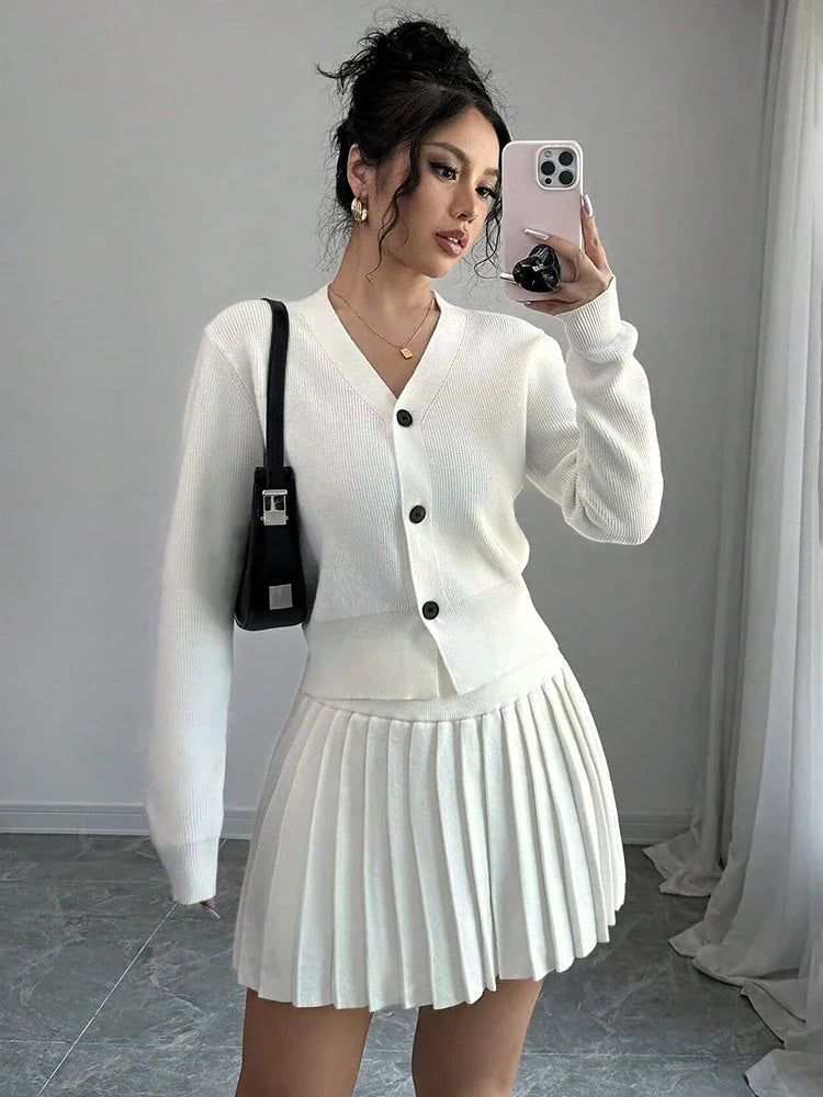 Aiertu      -  Retro Knitted Long Sleeve Sweater High-Waisted Pleated Skirt Two Piece Set For Women Niche Solid Matching Sets Autumn New Aiertu