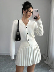 Aiertu      -  Retro Knitted Long Sleeve Sweater High-Waisted Pleated Skirt Two Piece Set For Women Niche Solid Matching Sets Autumn New Aiertu