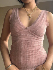 Aiertu - summer inspo Pink Sweet Slim Sleeveless V Neck Cute Y2K Lace Vest Top Women 2000s Kawaii Clothes Aiertu