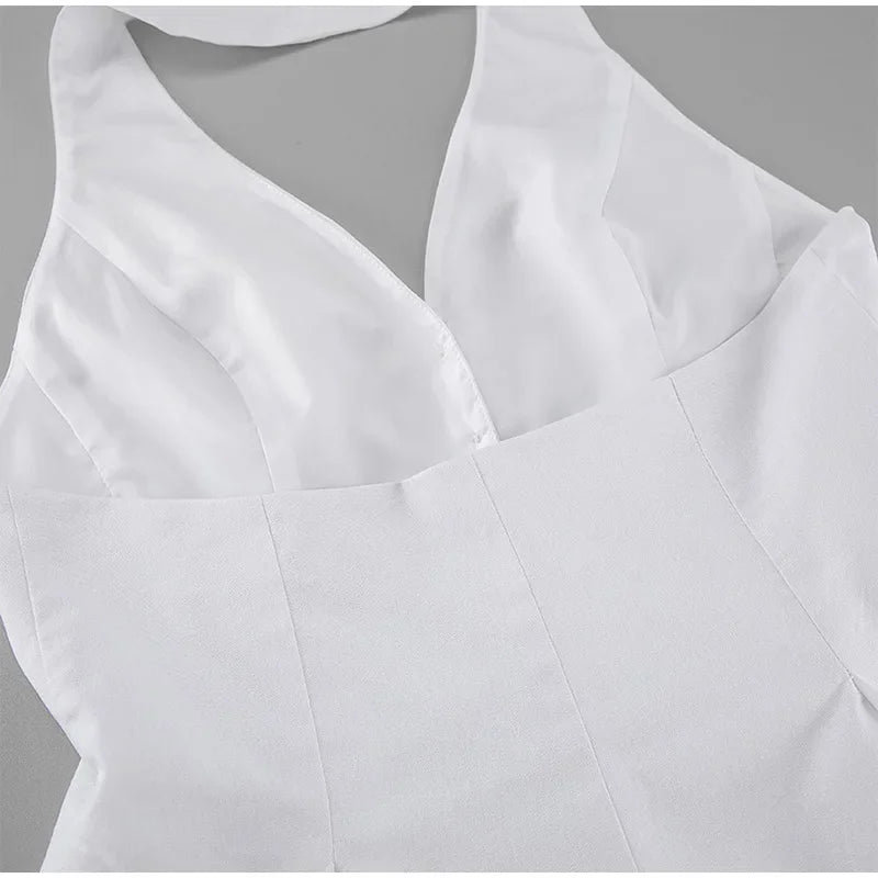 Aiertu  -  Cotton Linen Tank Top Shorts Sets Women's White Single Breasted Halter Ruffles Vest Wide Leg Shorts Suits Summer Commute Chic Aiertu