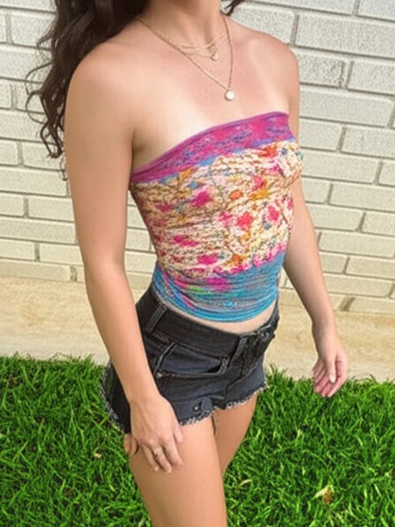 Aiertu  -  y2k Aesthetic Tube Top Summer Holiday Cute Floral Print Skinny Strapless Cropped Tops Women Casual Basic Tee Vintage 90s Aiertu
