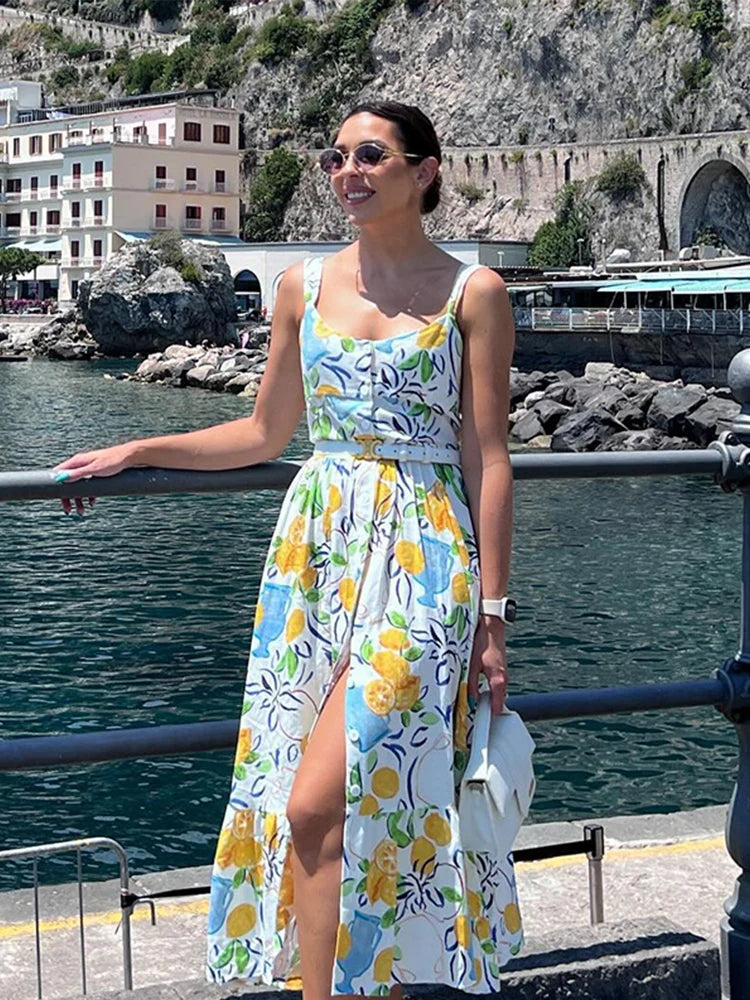 Aiertu  -  Elegant Flower Print Midi Dresses Women Off Shoulder Sleeveless Backless Lady Long Dress Summer Fashion Sexy Party Dresses Aiertu