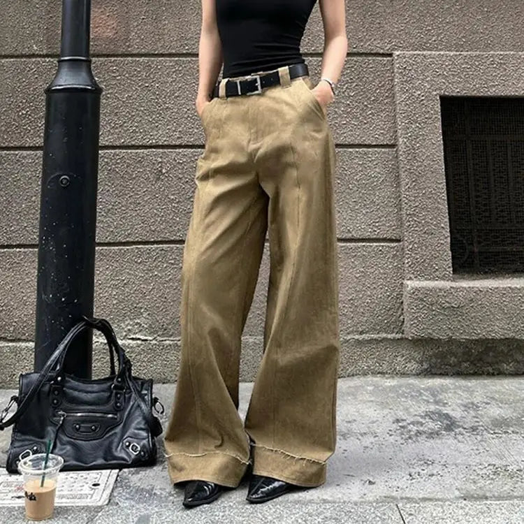 Aiertu  -  American Fashion Simple Khaki Casual Pants Women Y2K High Street Retro Loose Harajuku Street High Waist Straight Trousers Aiertu