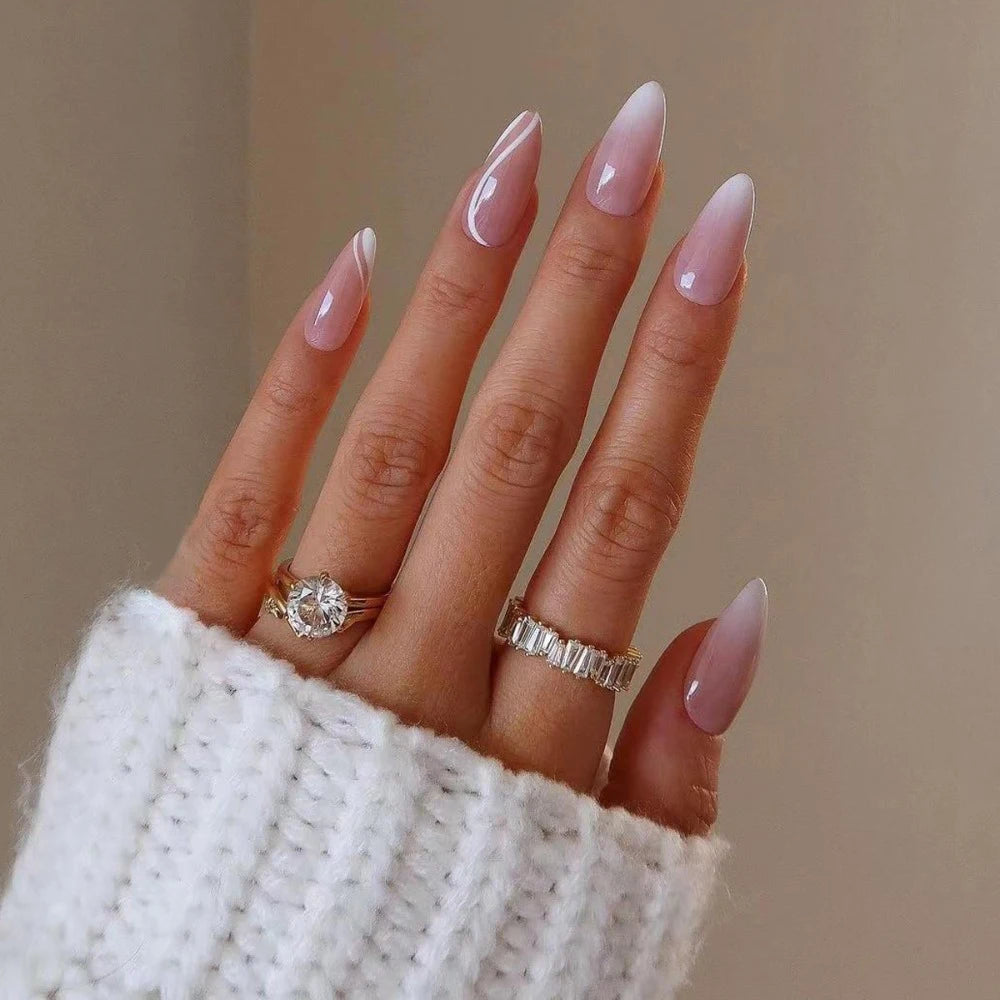 Aiertu  -  24Pcs Almond False Nails with Simple Colorful Design French Stiletto Full Cover Fake Nail Tips DIY Wearable Press on Nails Aiertu