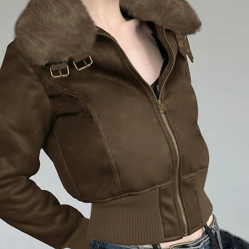Aiertu  -   Women Retro Fur Collar Faux Suede Zipper Jacket Fashion Y2K Slim Winter Plush Coat Streetwear Korean Aesthetic Outfit Aiertu