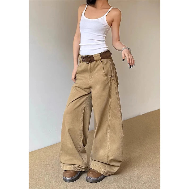 Aiertu  American Vintage 2000s Style High Waist Camel Jeans Pants Summer Fashion Women's Baggy Y2K Wide Leg Denim Trouser Female Clothes Aiertu
