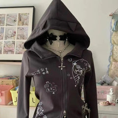 Aiertu  -  Japanese Print Pattern Cute Slim Fit Zip Up Hoodies Versatile Retro Y2K Fashion Long-sleeved Tops Jacket  Harajuku Sweatshirt Aiertu