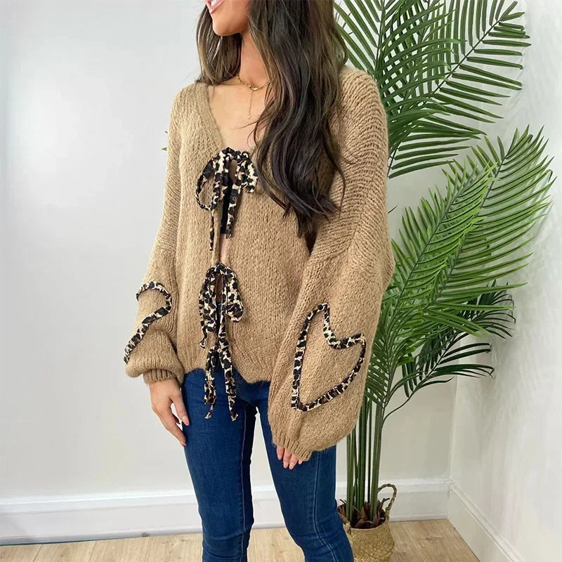 Aiertu     -  Fall Outfits 2026 Leopard Lace Up Cardigans Women Loose Long Lantern Sleeve V-neck Heart Print Patchwork Sweater 2026 Autumn Solid Female Knitwear Aiertu