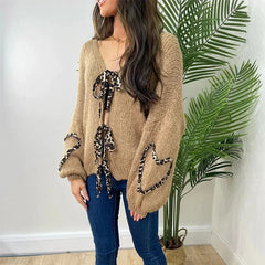 Aiertu     -  Fall Outfits 2026 Leopard Lace Up Cardigans Women Loose Long Lantern Sleeve V-neck Heart Print Patchwork Sweater 2026 Autumn Solid Female Knitwear Aiertu