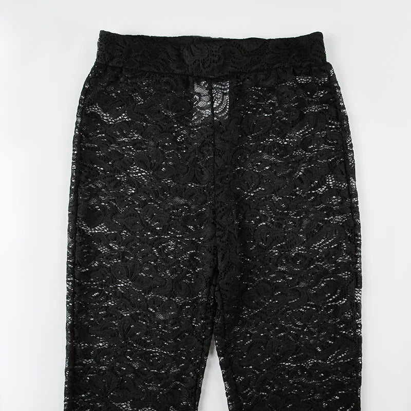Aiertu  -  Black Hollow Out Lace Leggings Sexy Transparent Skinny Low Rise Flared Trousers for Women y2k Vintage Casual Chic Capris Aiertu