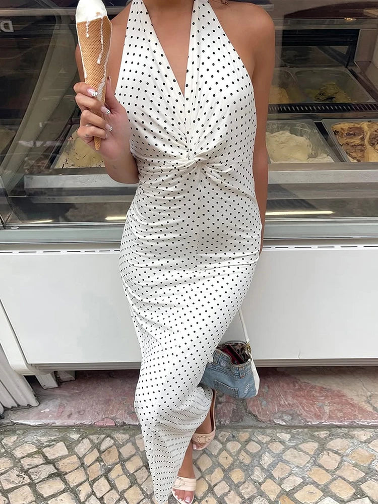 Aiertu  -  Summer Polka Dot Print Maxi Dress Women Bandage Halter v-Neck Backless Sleeveless Kink Folds Temperament Street Vestidos Aiertu