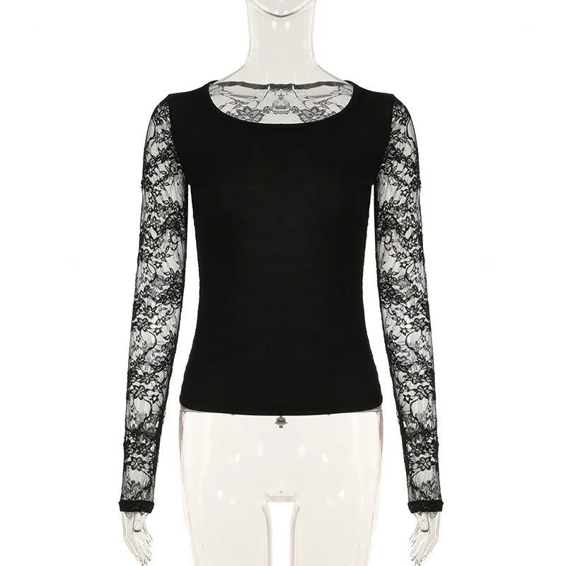 Aiertu  -   party look snspos Hollow Out Lace Sleeve Patchwork Top Women's Autumn Spring Sexy Slim-fitting T-shirts Chic Elegant Crew Neck Tops Retro Aiertu