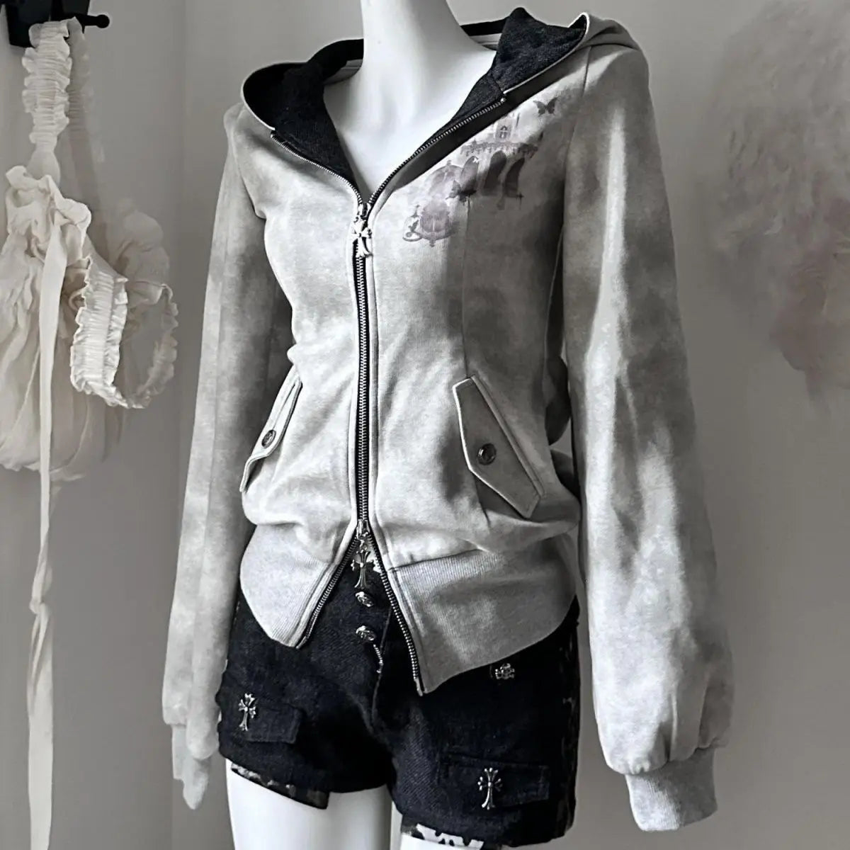 Aiertu  -  Y2k Aesthetic Vintage Printing Pocket Hoodies Gothic Fairy Grunge Hooded Jackets Autumn Women Double Zippers Punk Sweatshirt Aiertu