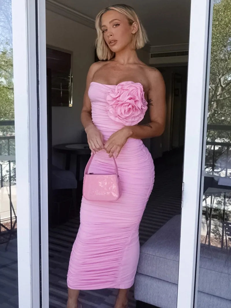 Aiertu  -  Elegant Womens Flower Flower Decoration Pink Dress 2026 Sexy Strapless High Waist Tunics Shirring Slit Mid-calf Evening Dresses Aiertu