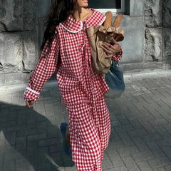 Aiertu  -  Red Plaid Lace Trim Pants Sets Woman Long Sleeve Lace-up Blouse+Elastic Waist Wide Leg Trouser Casual Fashion Home 2 Piece Set Aiertu