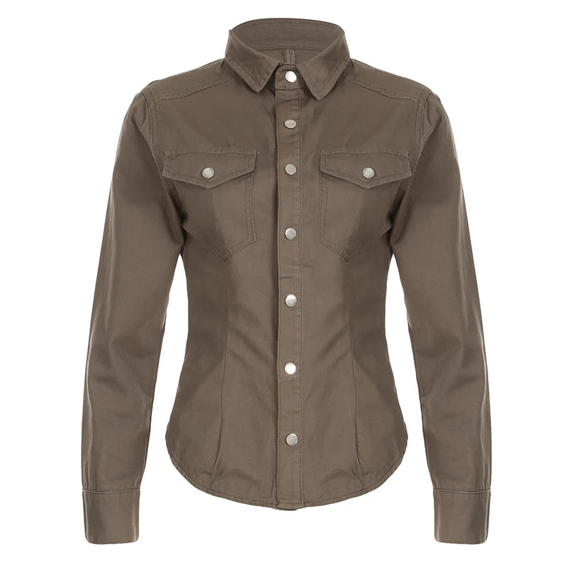 Aiertu  -  Vintage Turndown Collar Khaki Denim Shirt Y2K Casual Autumn Long Sleeve Buttoned Jeans T-shirt Fashion Women Slim Tee Aiertu