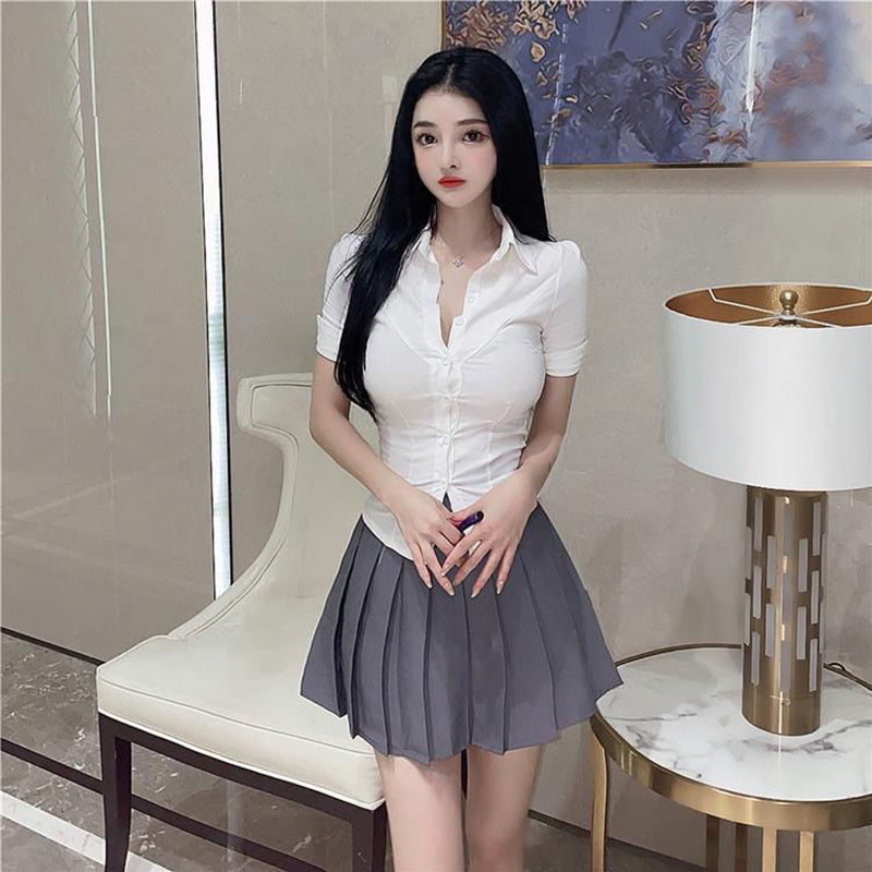 Aiertu Short Sleeve Shirt Women Sexy Slim White Button Blouse Office Lady Korea Fashion Summer Chic Turn Down Collar Shirts Top Aiertu