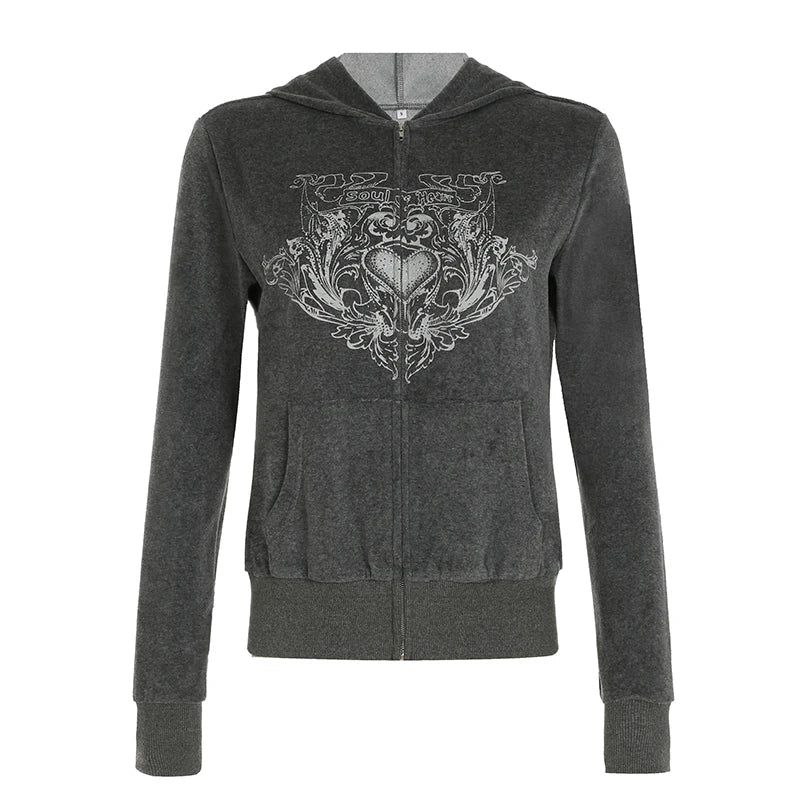 Aiertu  -  casual winter outfits Y2K Graphic Print Zipper Jacket with Hooded Vintage Aesthetic Gray 2000s Women Coat Knitted Outwear Autumn Outfits Aiertu