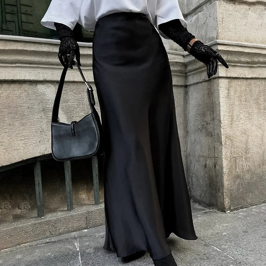 Aiertu  -  Women's High Waisted Solid Long Skirt Elegant Lce Silk Satin Slim Fit Skirt Fashion Office Lady Summer Long Skirt Aiertu