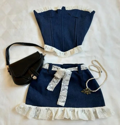 Aiertu  -  Korean Gothic Sexy Hottie Denim Skirt Suit for Women Harajuku Y2k Style High Street Retro Design Cute Mini Skirt Punk Slim Top Aiertu