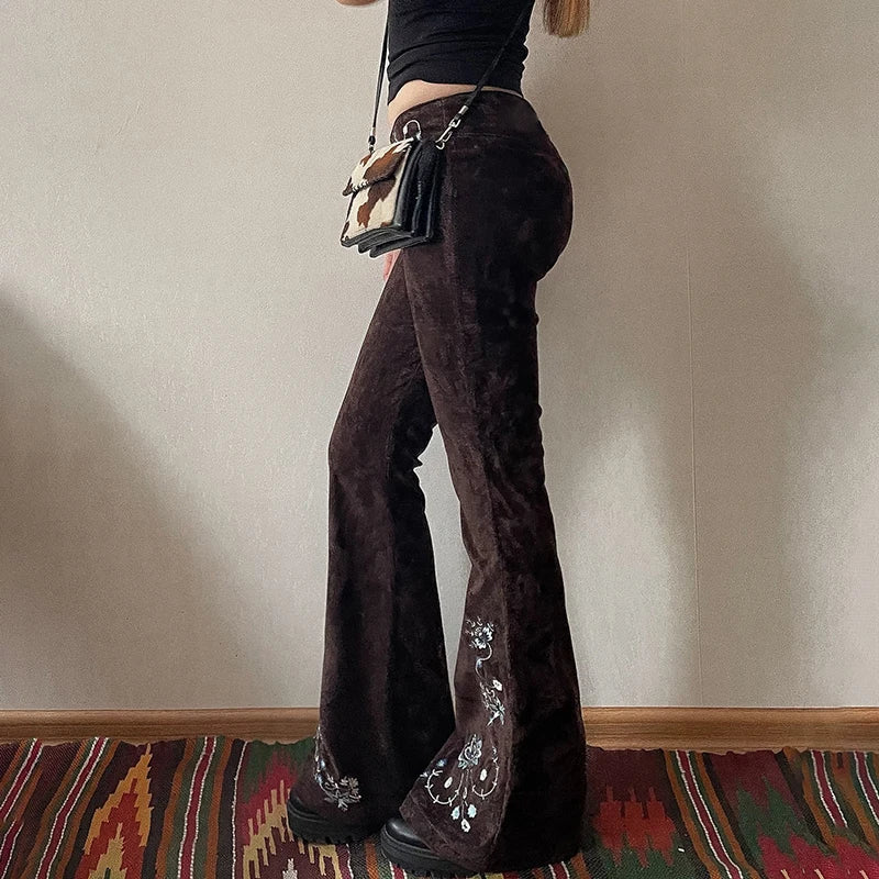 Aiertu  -  Vintage Brown Plant Embroidery Flare Jeans Y2K Women Aesthetic Low Waisted Zipper Denim Trousers Slim Boot Cut Pants Aiertu