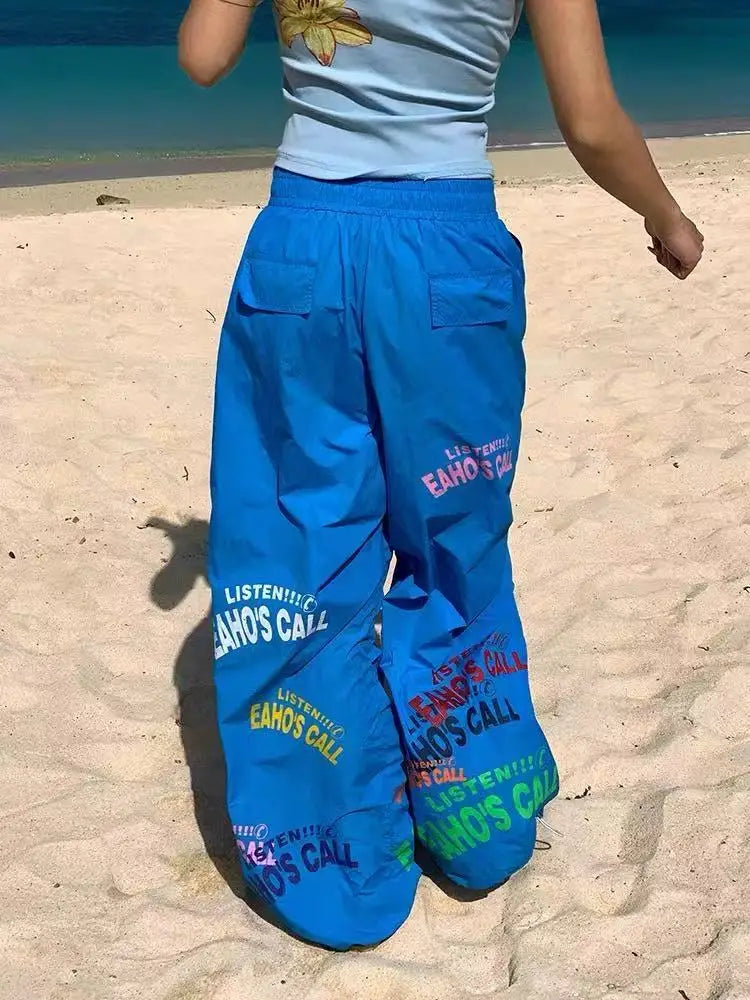 Aiertu  -  Summer new dopamine letter design sports wide-leg paratrooper pants American retro beach mopping trousers Aiertu